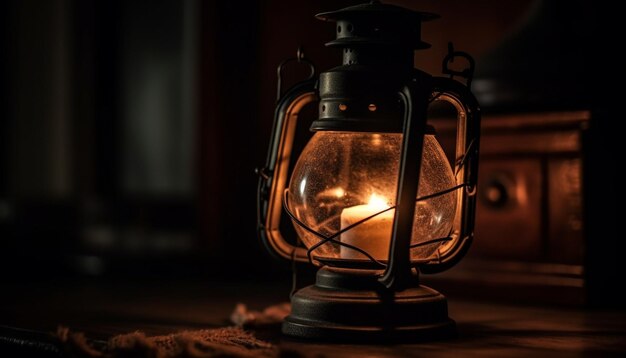 Antyczna latarnia świecąca staroświeckim płomieniem nafty generowanym przez sztuczną inteligencję
