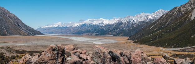 Aoraki / Mount Cook National Park Gammack Nowa Zelandia od granicy jeziora Tasman