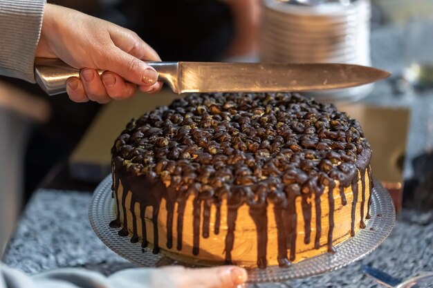 Apetyczny domowy tort czekoladowy w rękach kobiety. Koncepcja wakacji w domu.