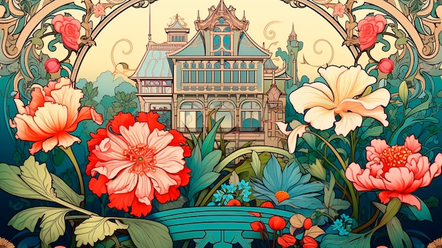 Bezpłatne zdjęcie artistic scene inspired by the art nouveau style with colorful depictions