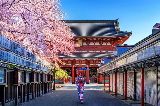 Asian kobieta ubrana w tradycyjne japońskie kimono w świątyni w Tokio, Japonia.