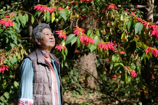 Asian Starych Starszych Kobiet Starsza Kobieta Odpoczynku Relaks W Ogrodzie Kwiatowym. Starszy Styl życia W Czasie Wolnym Premium Zdjęcia