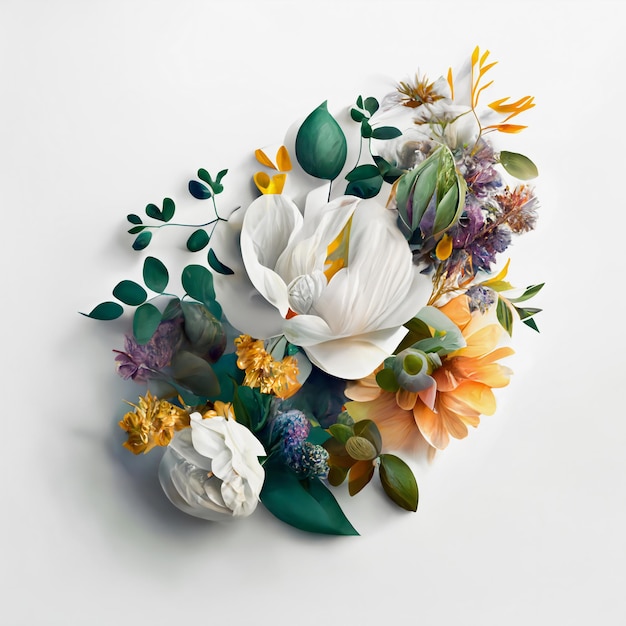 Asortyment liści i kwiatów na białym tle