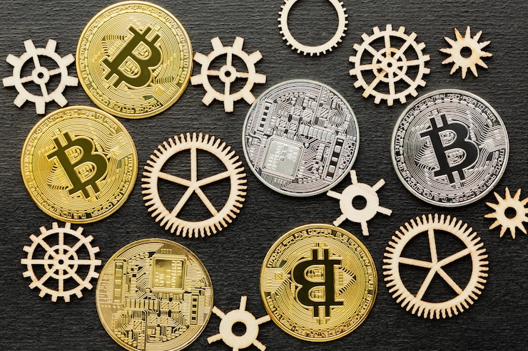 Bezpłatny plik Zdjęcie asortyment płaskich, abstrakcyjnych innowacji z bitcoinami