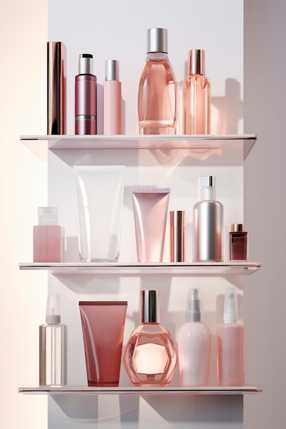 Asortyment produktów kosmetycznych ułożonych na półce