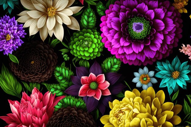 Assorted flowers Kolekcja wielobarwnych kwiatów na żółtym tle Ai generatywne