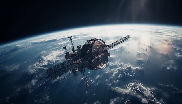 Bezpłatne zdjęcie astronauci badają galaktykę w futurystycznym statku kosmicznym krążącym wokół ziemi, stworzonym przez sztuczną inteligencję