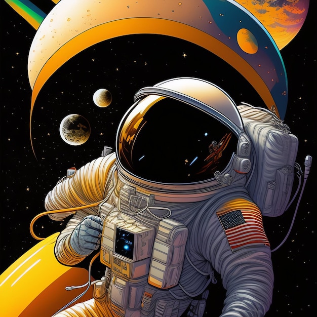 Astronauta ma na sobie skafander kosmiczny, aw tle widać planetę.