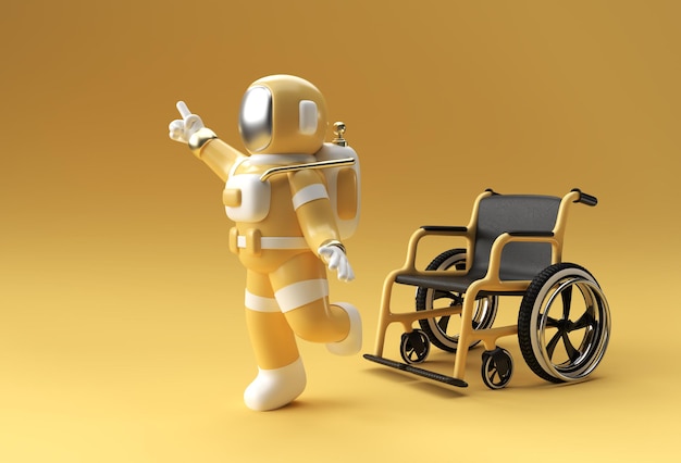 Astronauta renderowania 3D wyłączony za pomocą kul do chodzenia z projektem ilustracji 3D wózka inwalidzkiego.