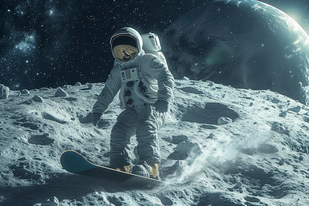 Bezpłatne zdjęcie astronauta w garniturze kosmicznym ćwiczy snowboard na księżycu