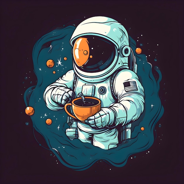 Bezpłatne zdjęcie astronauta z filiżanką kawy w ręku ilustracja wektorowa