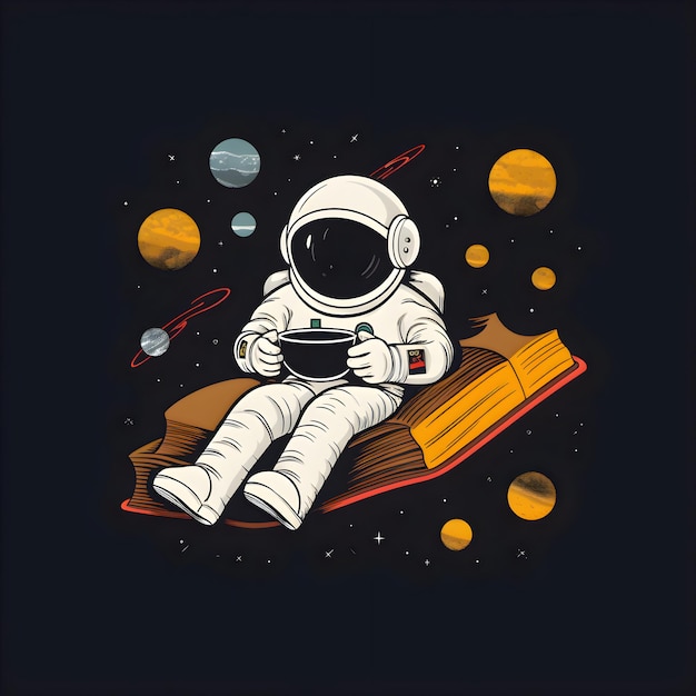 Bezpłatne zdjęcie astronauta z ilustracją wektorową książki na ciemnym tle