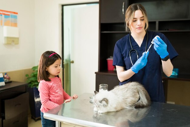 Atrakcyjny lekarz weterynarii za pomocą strzykawki wstrzykuje szczepionkę lub lekarstwo białemu kotu perskiemu, podczas gdy jej mała właścicielka stoi obok stołu egzaminacyjnego w klinice weterynaryjnej