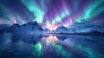 Bezpłatne zdjęcie aurora borealis krajobraz nad morzem