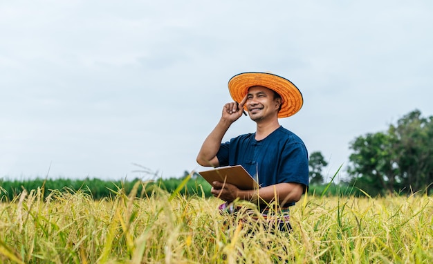 Azjatycki rolnik w średnim wieku, ubrany w słomkowy kapelusz, pisz w schowku na polu ryżowym z uśmiechem podczas przechowywania danych dzięki inteligentnemu rolnictwu technologia rolnictwa i rolnictwo ekologiczne