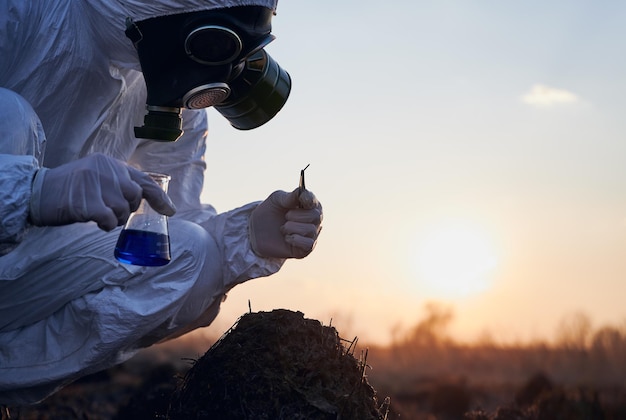 Badacz w kombinezonie ochronnym pracujący na spalonym polu, pobierający próbki flory