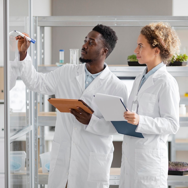 Bezpłatny plik Zdjęcie badacze z tabletem i schowkiem w laboratorium biotechnologicznym
