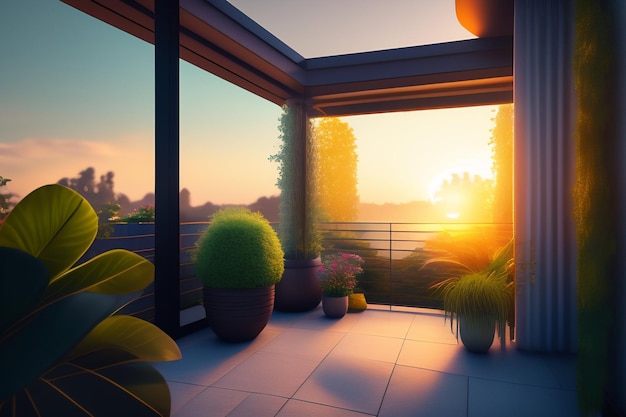 Bezpłatne zdjęcie balkon z roślinami i zachodem słońca