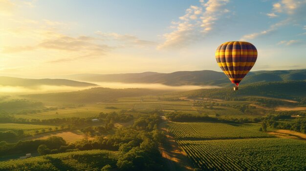 Bezpłatne zdjęcie balon na gorące powietrze unosi się nad winnicami o świcie