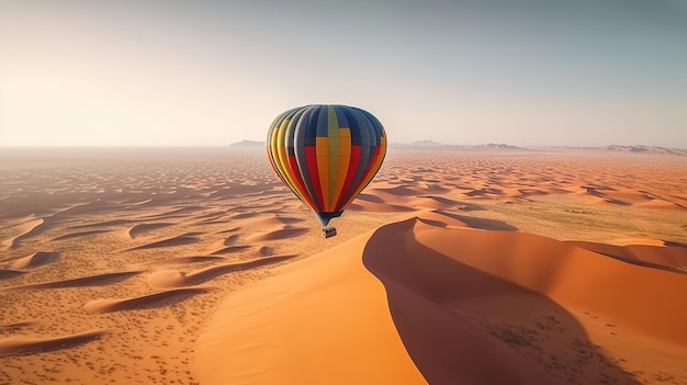 Balon na ogrzane powietrze lecący nad pięknymi wydmami Obraz generowany przez AI
