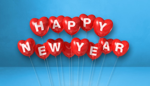 Balony w kształcie serca czerwony szczęśliwego nowego roku na niebieskim tle betonu. baner poziomy. renderowanie ilustracji 3d