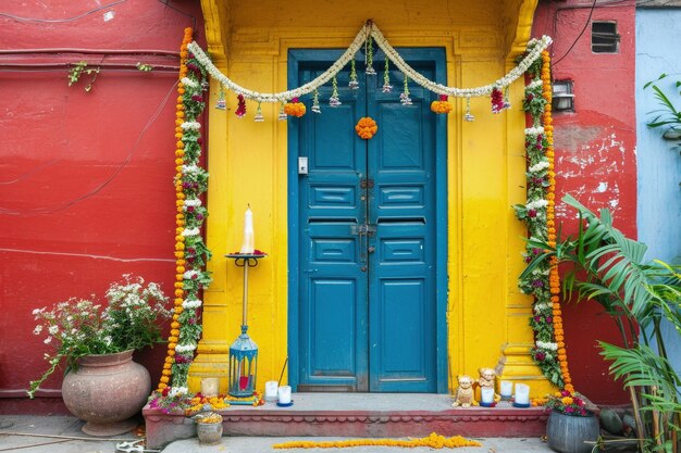 Bardzo szczegółowa dekoracja drzwi Navratri