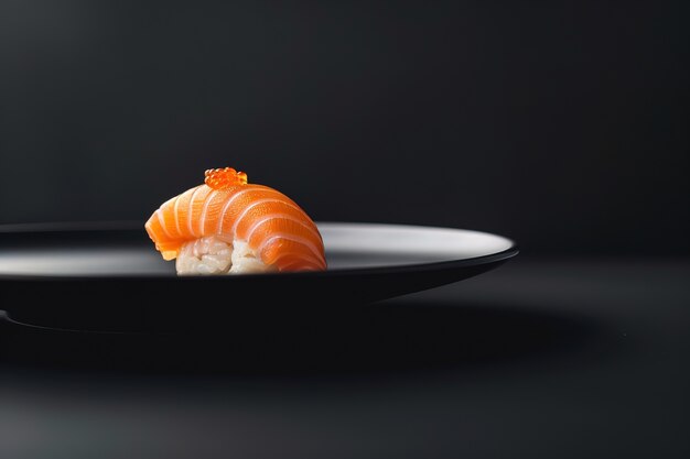 Bardzo szczegółowe danie sushi z owocami morza na prostym czarnym tle