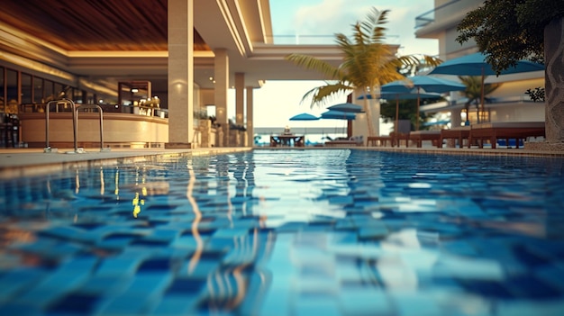 Basen hotelowy z dnem wyłożonym mozaiką oraz barem typu swim-up serwującym orzeźwiające napoje