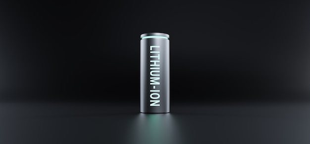 Bateria litowo-jonowa z w pełni naładowanym poziomem mocy na czarnym tle, renderowanie 3d li-ion neonowe urządzenie magazynujące energię ilustracja technologia ładowania