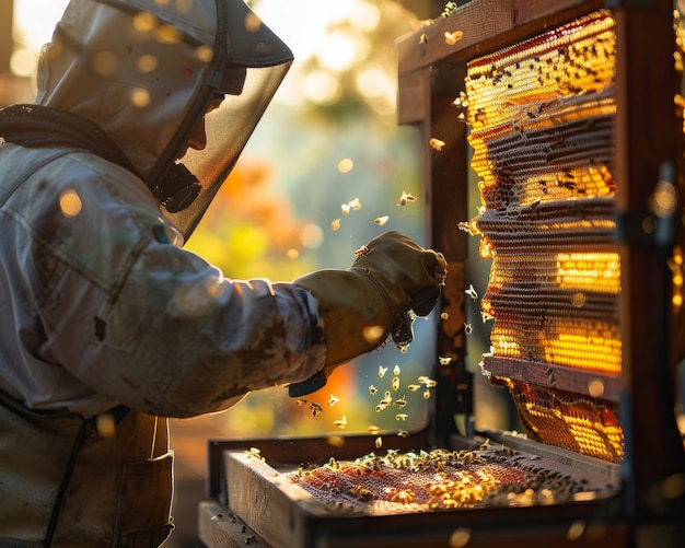 Bezpłatne zdjęcie beekeeper working at bee farm