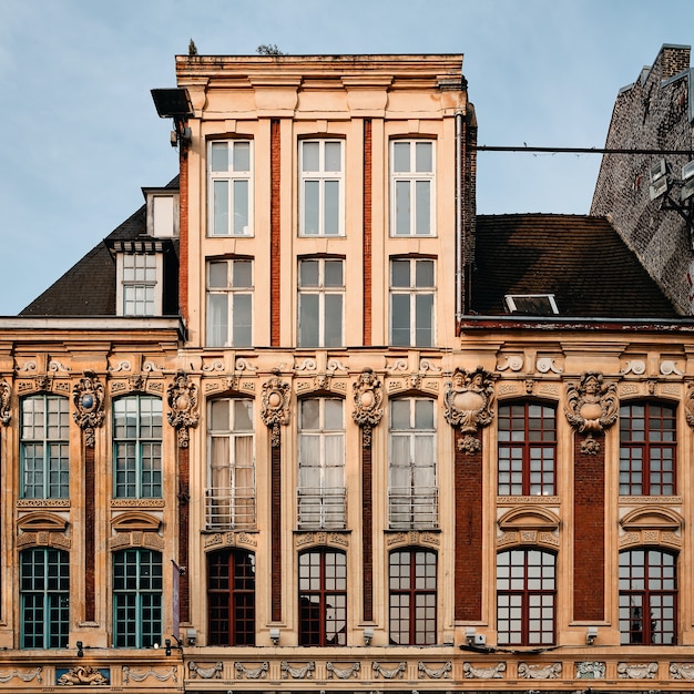 Betonowy budynek z pięknymi rzeźbami w Lille we Francji