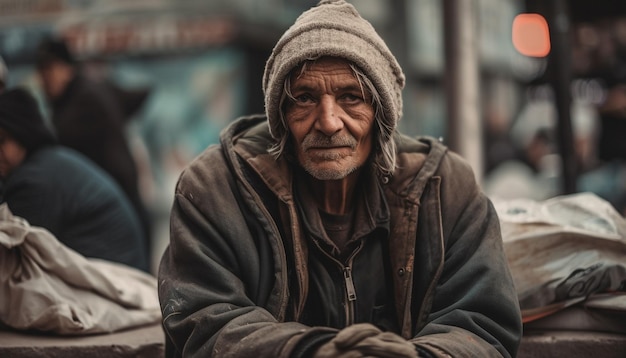 Bezdomny starszy mężczyzna wygląda smutno w zimowej samotności generowanej przez sztuczną inteligencję
