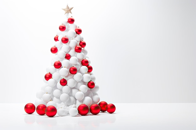Bezpłatne zdjęcie biała choinka ozdobiona czerwonymi bombkami na białym tle christmas tła