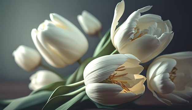 Białe tulipany na ciemnym rozmytym tle generatywnym Al