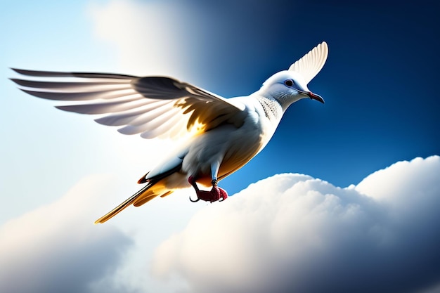 Biały gołąb leci po niebie z rozpostartymi skrzydłami.