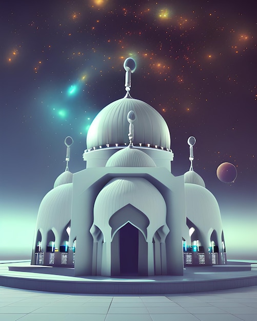 Biały meczet z niebieską kopułą i planetą w tle.