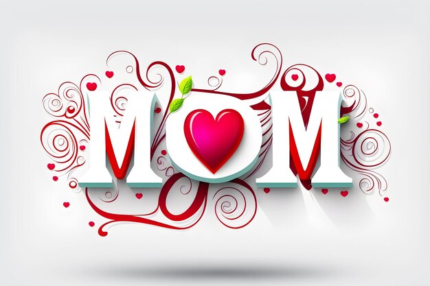 Biały napis 3d MOM z czerwonymi sercami i lokami na dzień matki