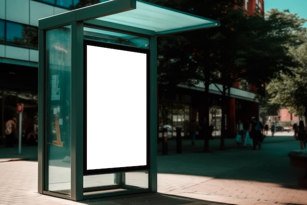 Biały obraz ekranu na metalowym baldachimie na ulicy z nowoczesnym miastem w tle