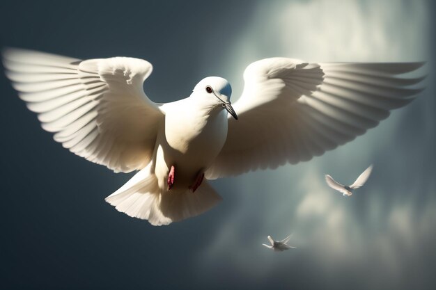 Biały ptak z niebieską głową leci po niebie z napisem pokój.
