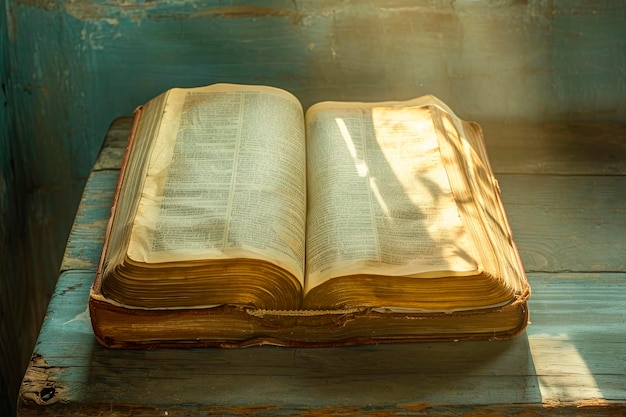 Bezpłatne zdjęcie biblia święta oświetlona niebiańskim światłem na rustykalnym i starym drewnianym stole