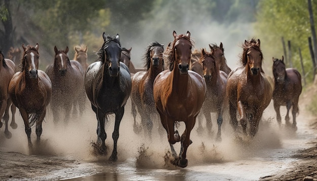 Bezpłatne zdjęcie biegnące stado koni pasie się na łące wygenerowanej przez sztuczną inteligencję