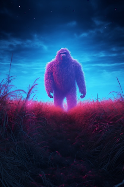 Bezpłatne zdjęcie bigfoot reprezentowany w neonowym blasku