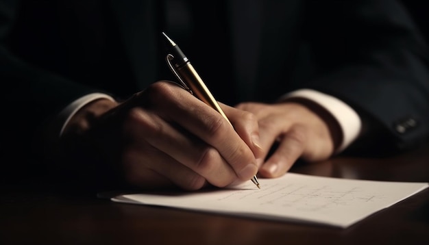 Biznesmen podpisujący umowę z sukcesem długopisu wygenerowanym przez AI