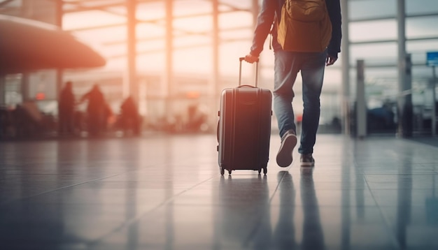 Biznesmen trzymający bagaż czekający na przylot na lotnisko wygenerowany przez AI