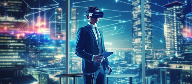 Biznesmen używa VR, gogli wirtualnej rzeczywistości i technologii metaverse