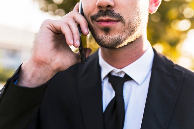 Biznesowy mężczyzna na telefonie przy parkiem