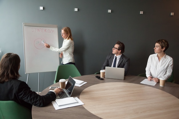 Bizneswoman daje prezentaci przy korporacyjnym drużynowym spotkaniem w nowożytnym biurze