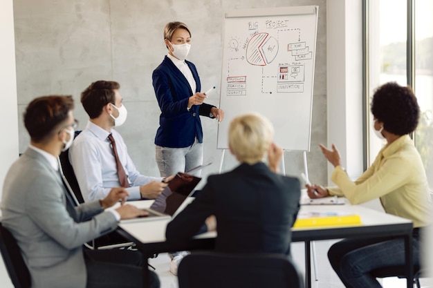 Bezpłatne zdjęcie bizneswoman z maską na twarz ma interesującą prezentację w biurze