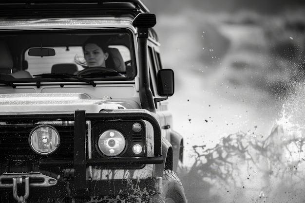 Bezpłatne zdjęcie black and white view of adventure time with off-road vehicle and rough terrain