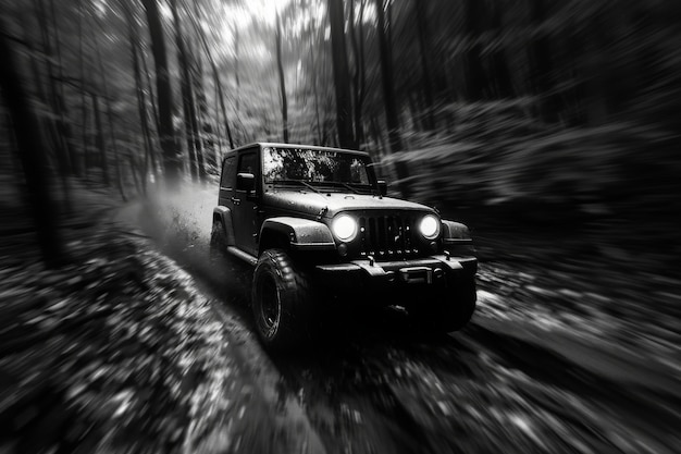 Bezpłatne zdjęcie black and white view of adventure time with off-road vehicle and rough terrain